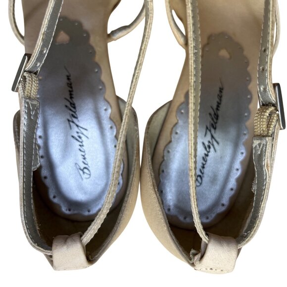 Beverly Feldman Women’s Beige Leather Rhinestone Detail T-Strap Heels Size 7.5M - Picture 5 of 10